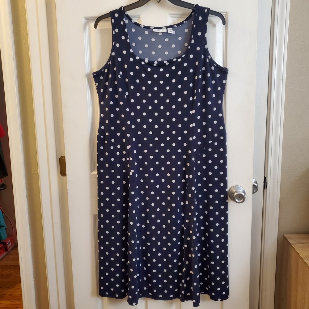 Susan Graver sz XLP Slvless Midi Dress Liquid Knit Blue Polka Dot Stretch Casual